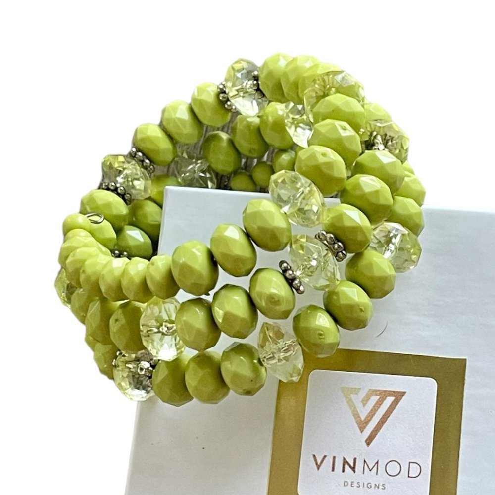 Vintage Lime Green Beads & Crystal Upcycled - VINMOD Designs Wire Wrap Bracelet